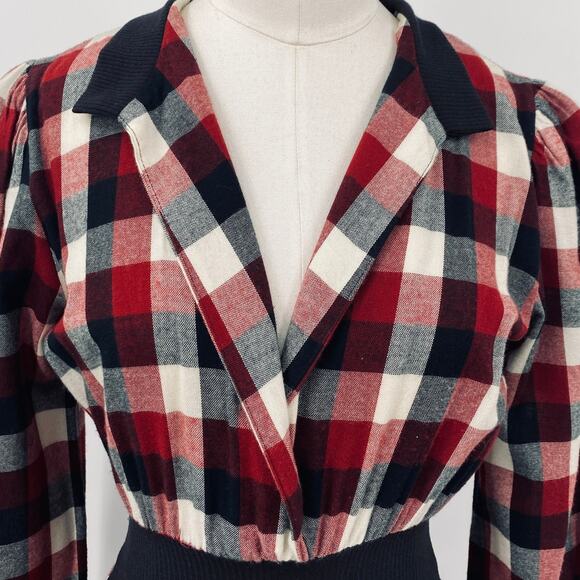 Vintage 80s Gingham Plaid Midi Dress Fit & Flare Shirtdress Collared Red Black 0 - Picture 4 of 11